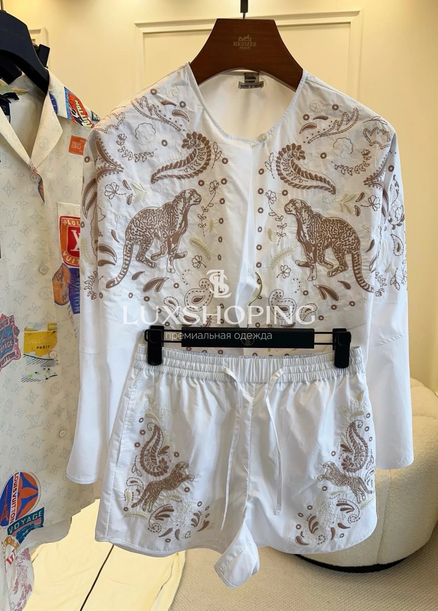 Комплект с вышивкой леопарды Hermès из 100% хлопка - фото 13