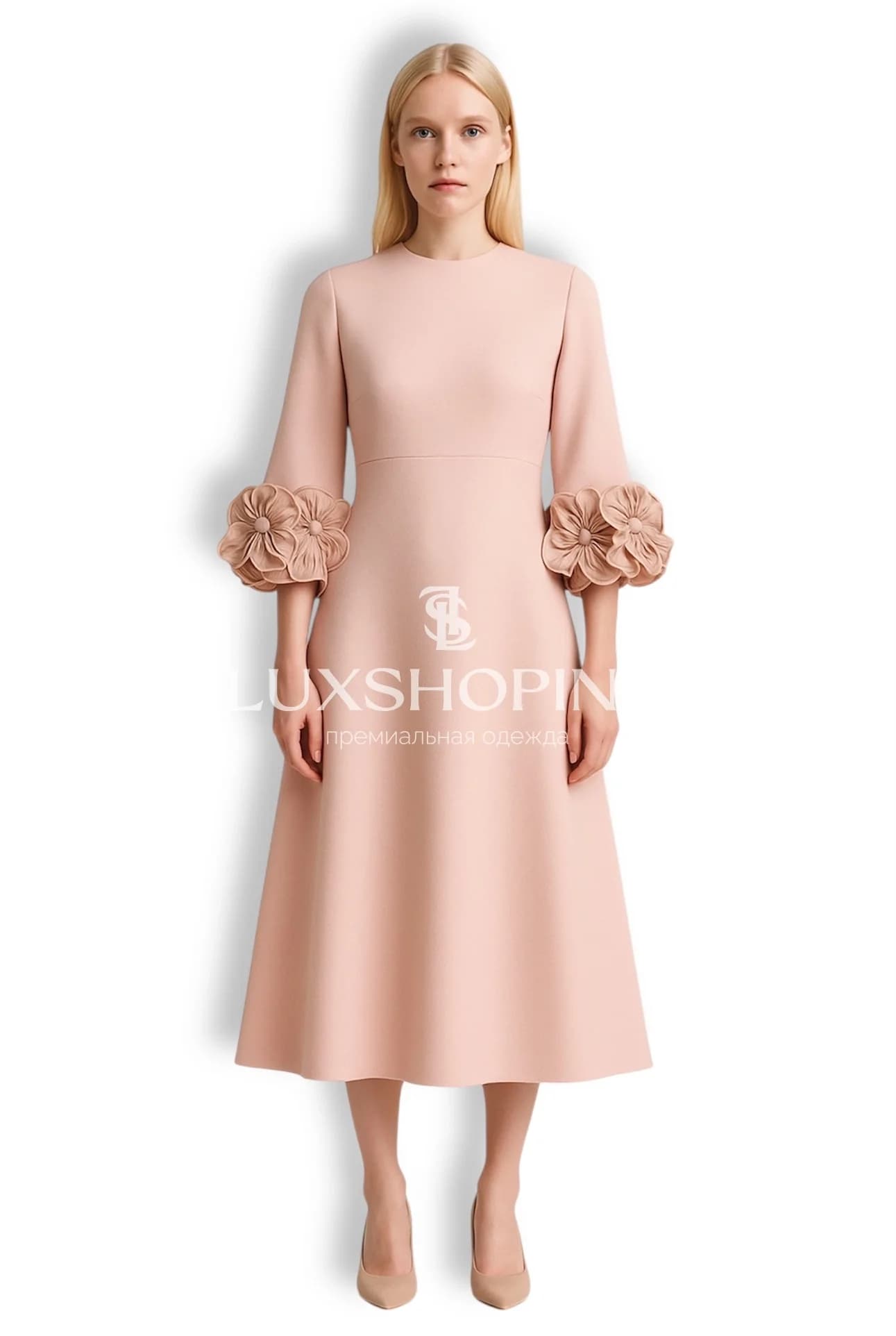 VALENTINO Пудровое платье миди с объемной отделкой на рукавах