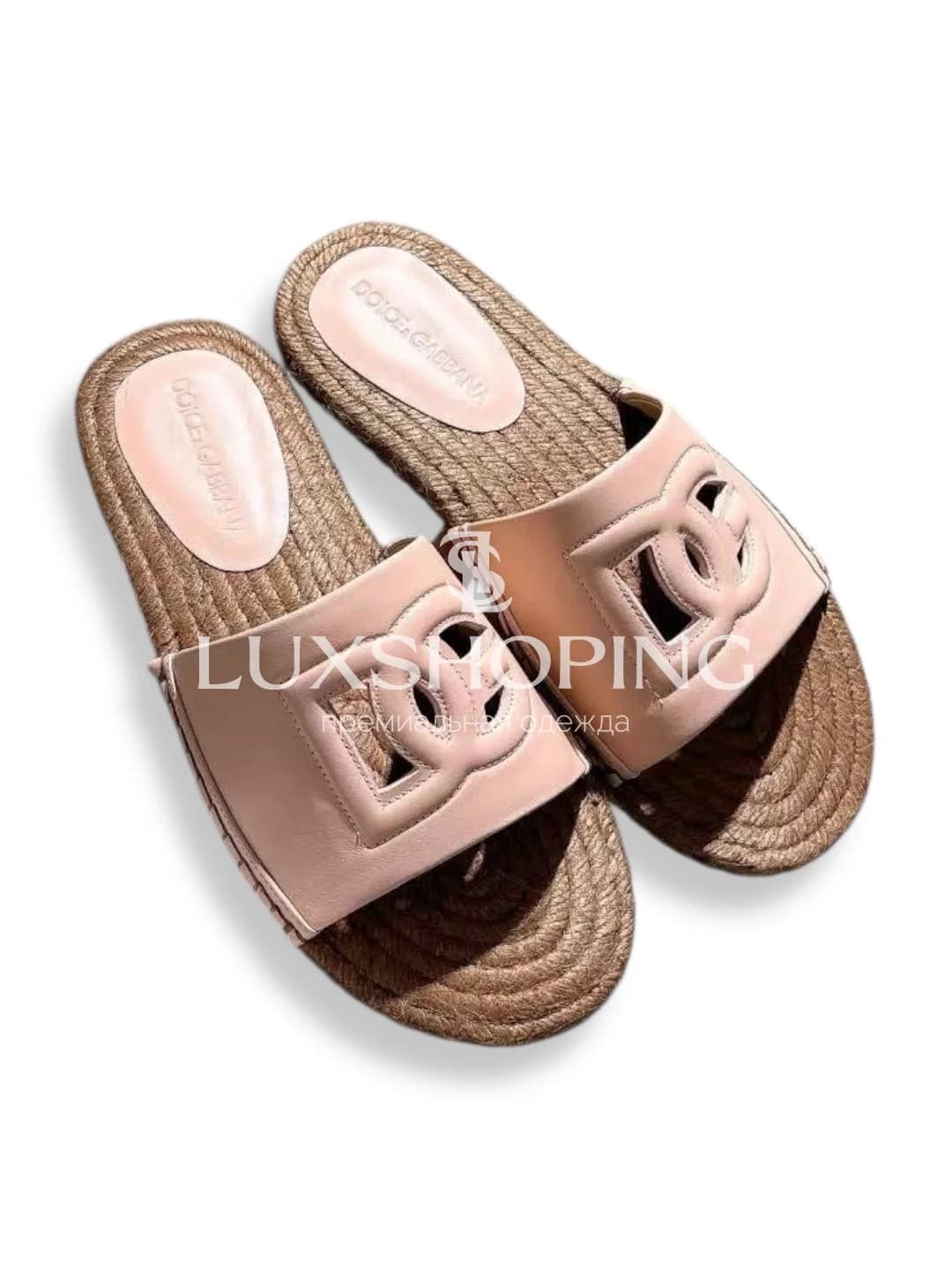 Пудрово-розовые шлёпанцы Dolce &amp; Gabbana с кожаным логотипом и джутовой подошвой