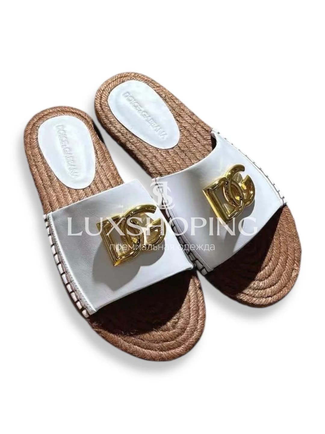 Белые шлёпанцы Dolce &amp; Gabbana с золотистым логотипом и джутовой подошвой