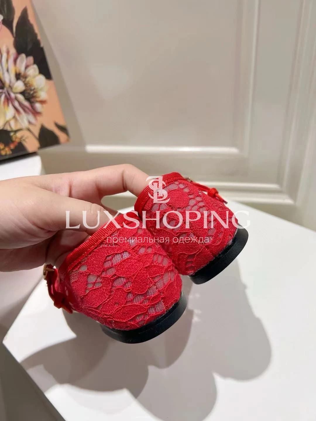 DOLCE &amp; GABBANA кружевные балетки с ремешком красные - фото 6