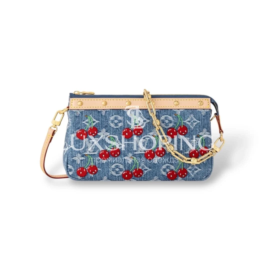 Сумка Pochette Accessoires Louis Vuitton x Takashi Murakami, джинсовая с вишневой вышивкой
