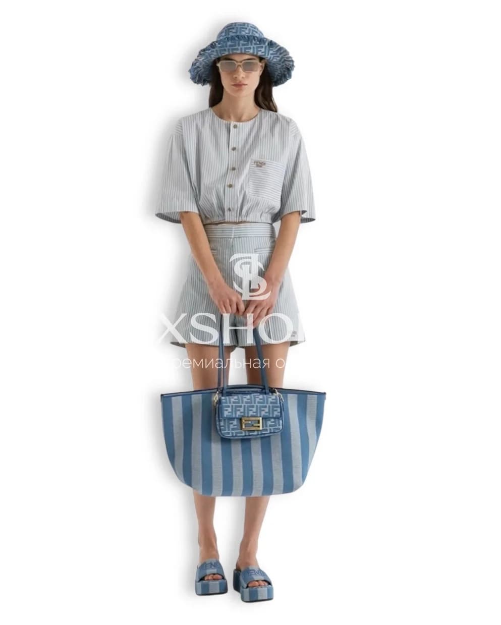 Fendi Комплект укороченная рубашка с завязками + шорты из хлопка с полоской