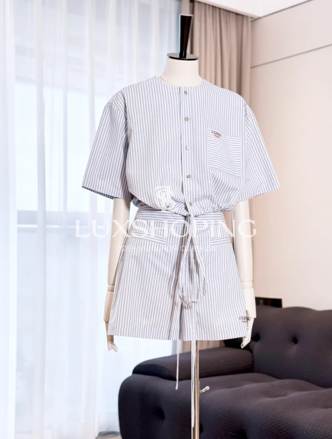 Fendi Комплект укороченная рубашка с завязками + шорты из хлопка с полоской - фото 3