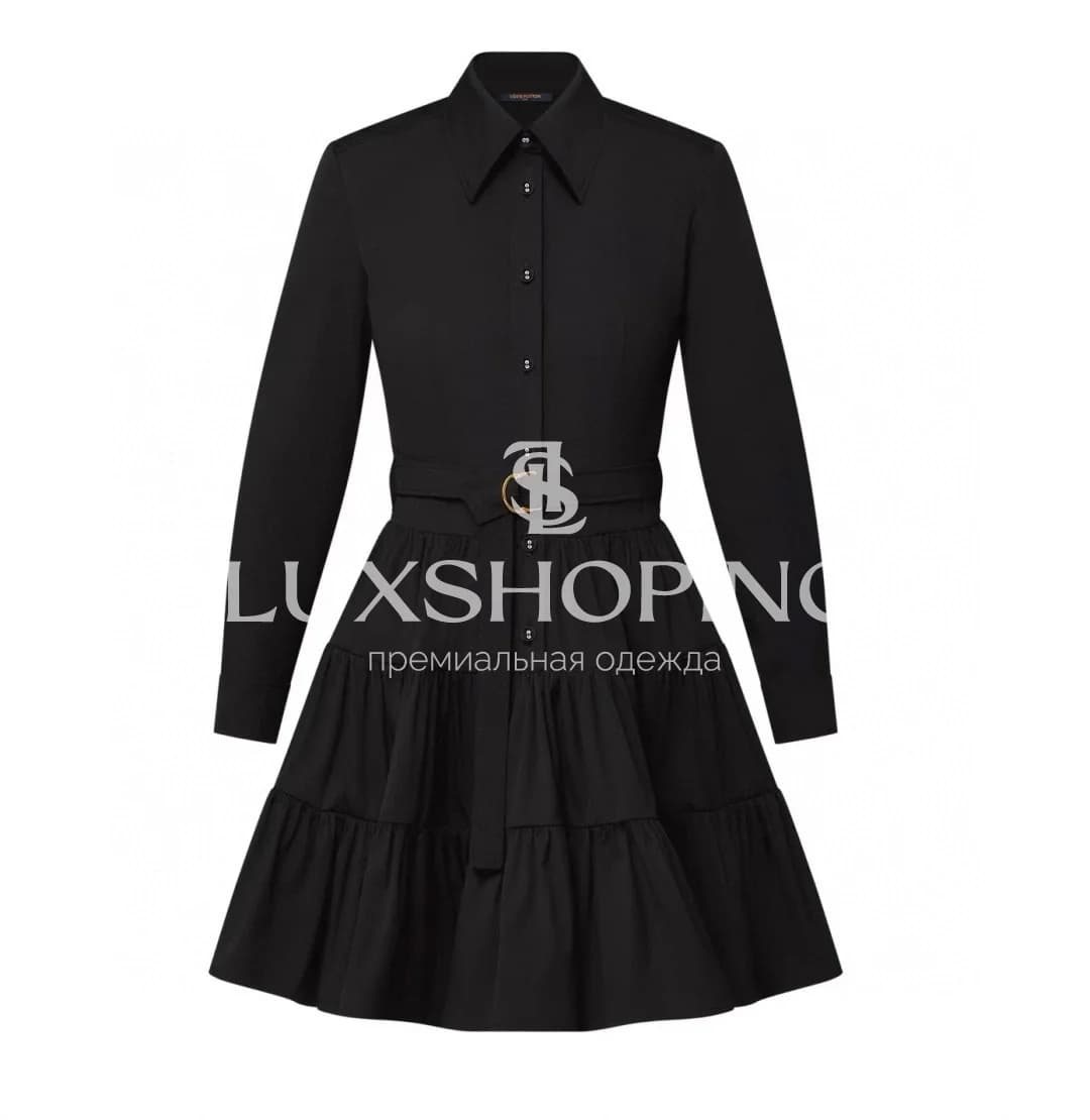 Louis Vuitton чёрное хлопковое платье-рубашка с объёмной юбкой и ремнём - фото 2