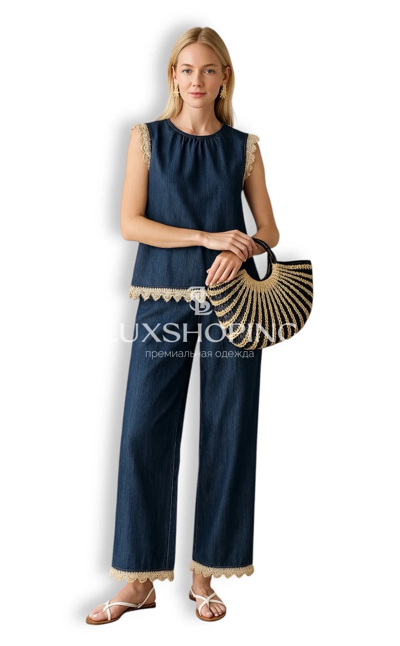 Loro Piana Комплект из джинсового льна с вышивкой