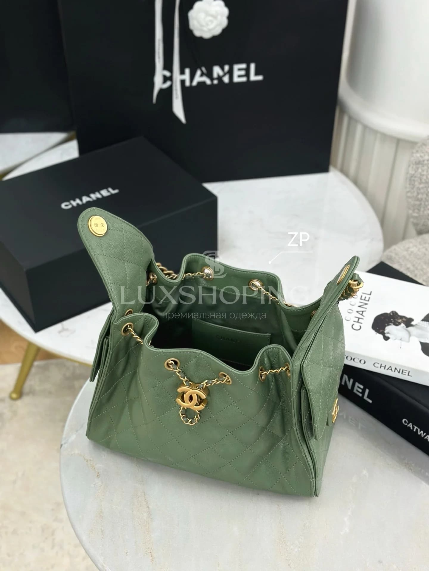 CHANEL 25C сумка-хобо 30×26×14 см зеленая - фото 5