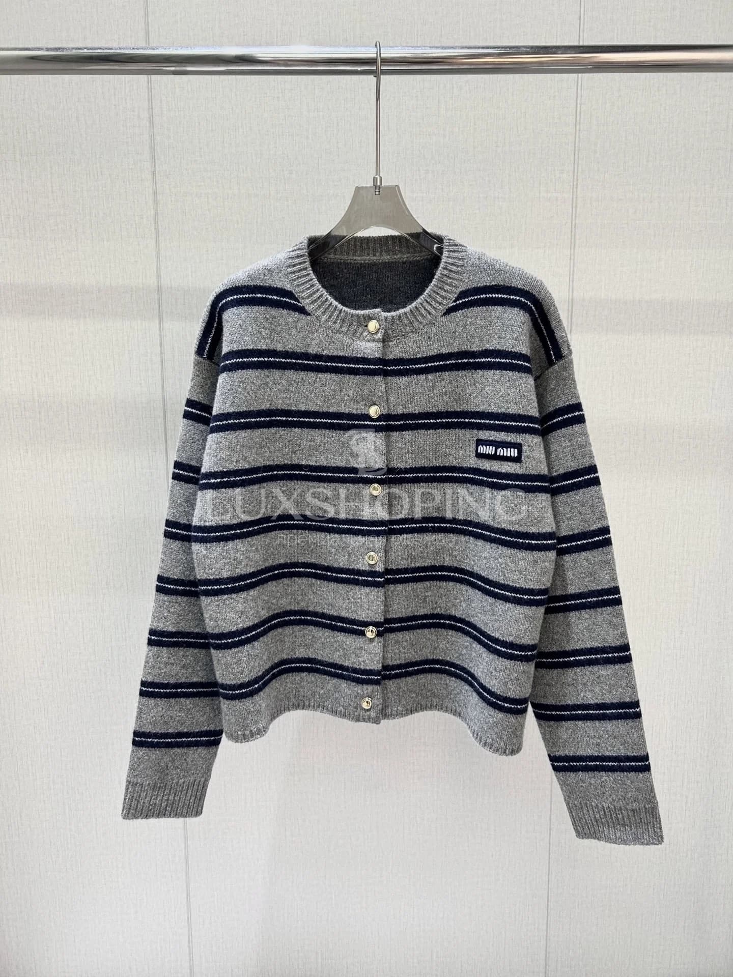 MIU MIU Серо-синий кардиган в полоску из шерсти и кашемира - фото 3