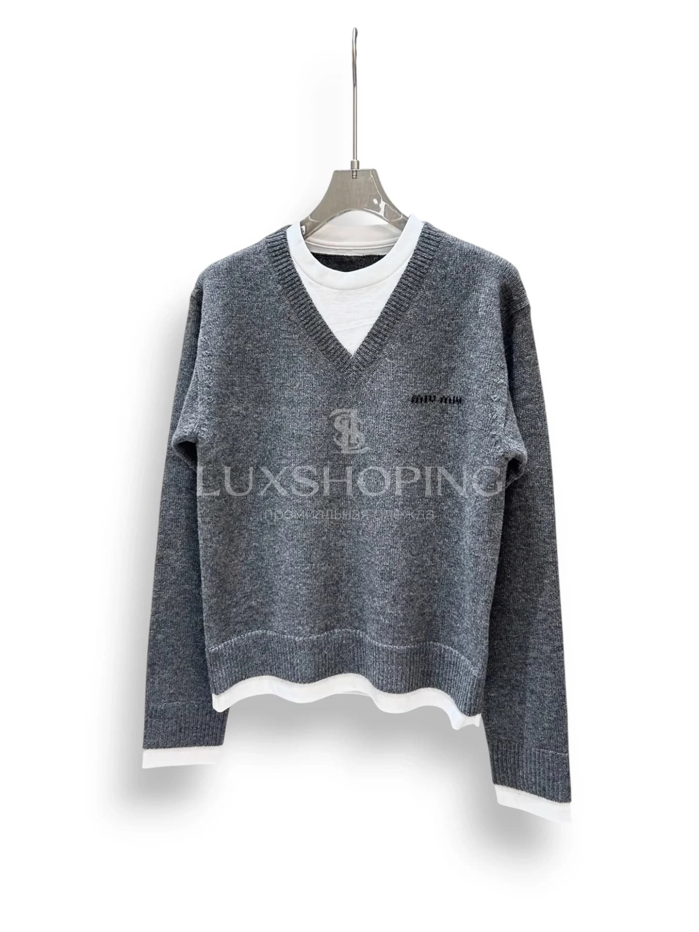 MIU MIU Серый кашемировый джемпер с эффектом двухслойности, коллекция 25FW