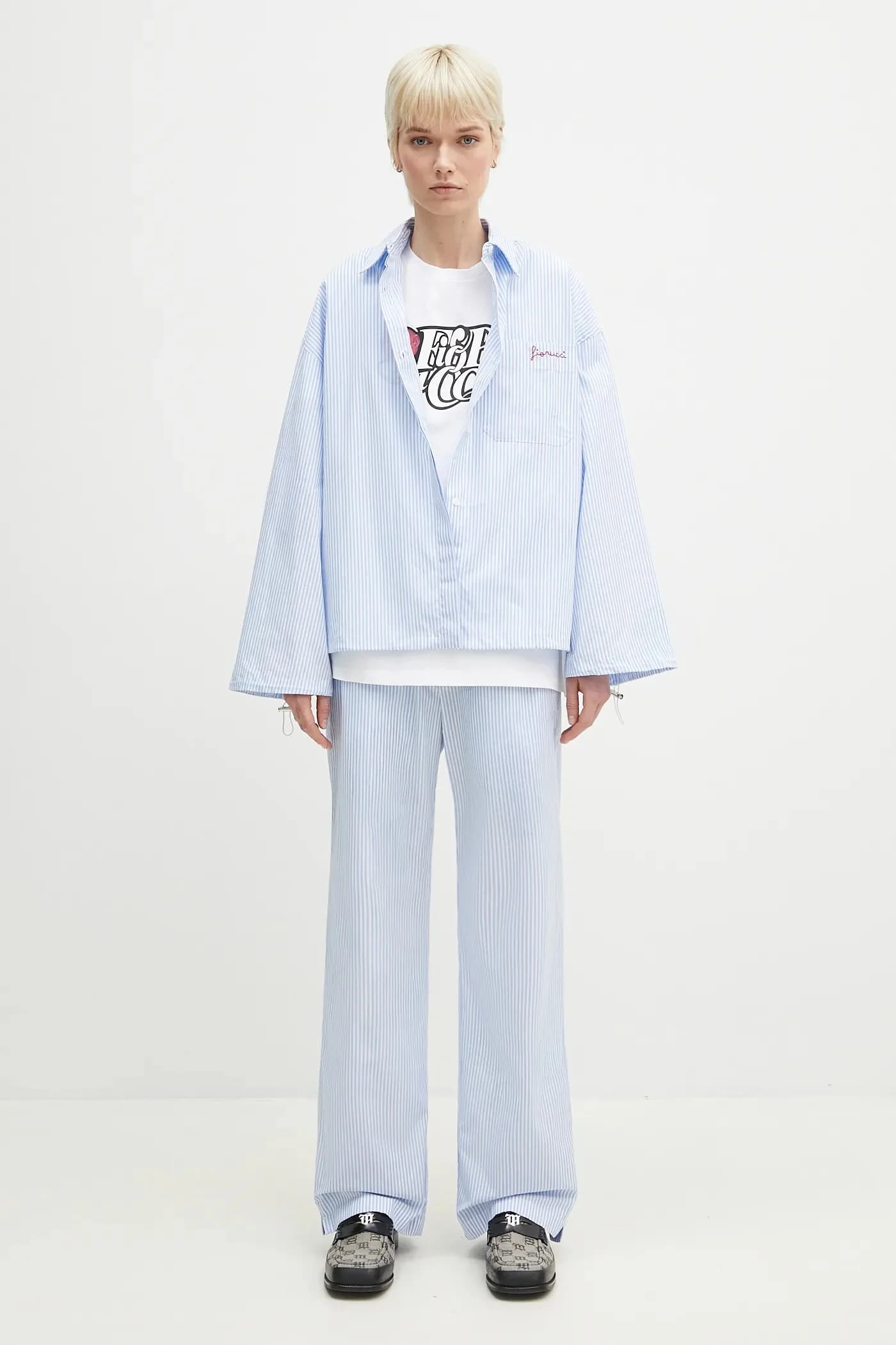 Рубашка на шнурке с вышивкой в ​​хлопковую полоску - фото 7