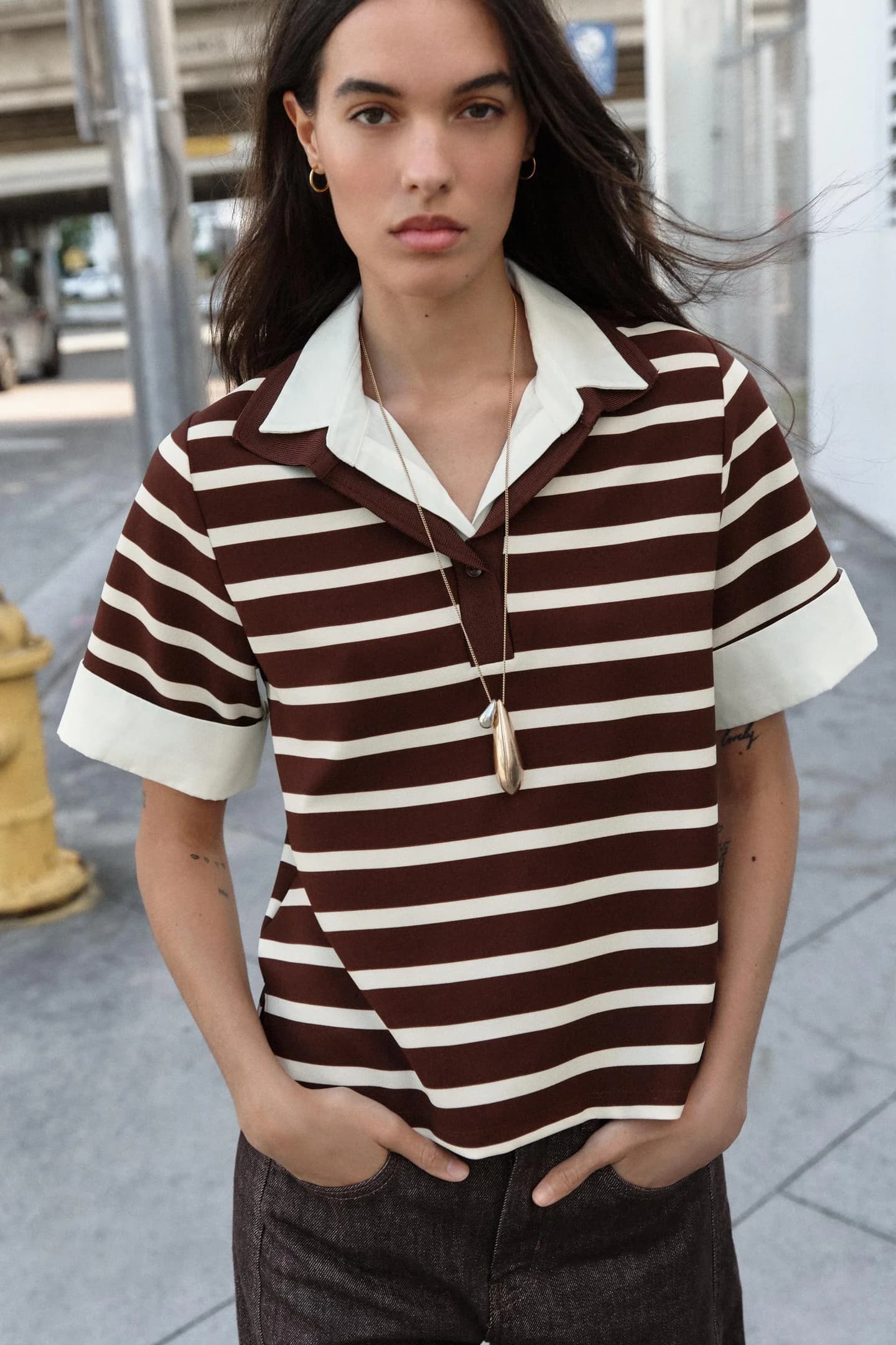 ТОП ПОЛО ИЗ КОМБИНИРОВАННОЙ ТКАНИ В ПОЛОСКУ