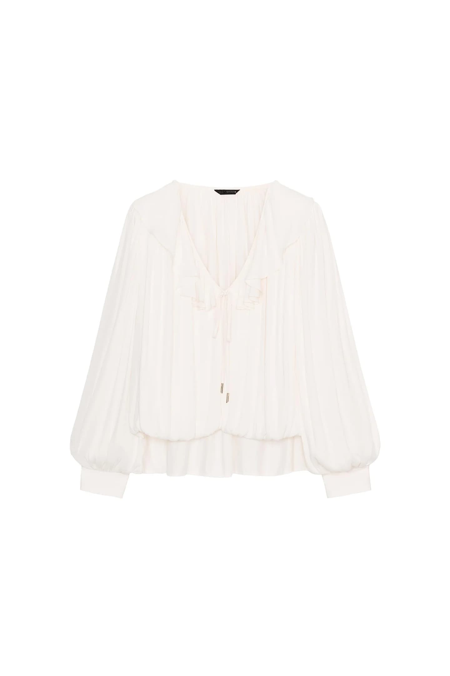 БЛУЗКА ИЗ АТЛАСНОЙ ТКАНИ С РУГАМИ И ПОДУШКАМИ НА ПЛЕЧАХ - фото 3