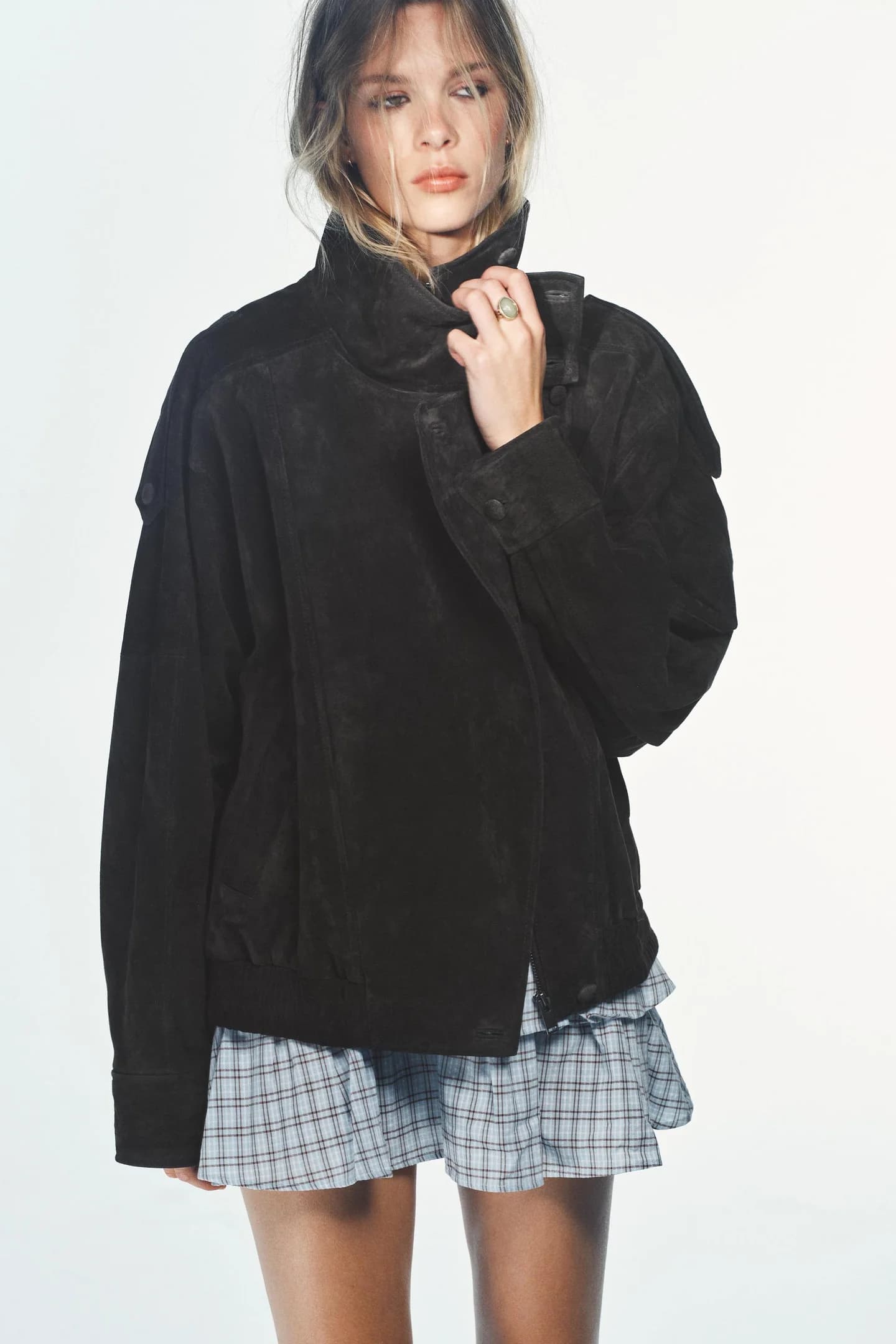 МОТОЦИКЛОВАЯ КУРТКА ИЗ 100% ЗАМШИ С ПУГОВИЦАМИ С ПОКРЫТИЕМ