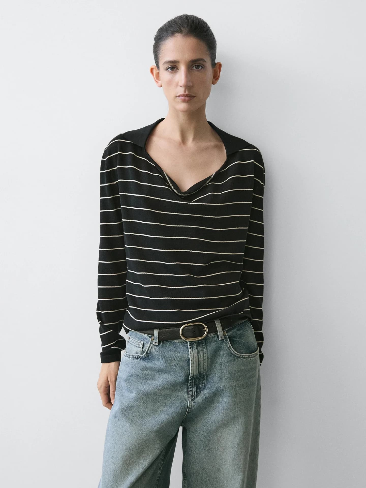 Трикотажный джемпер-поло в хлопковую полоску - фото 3