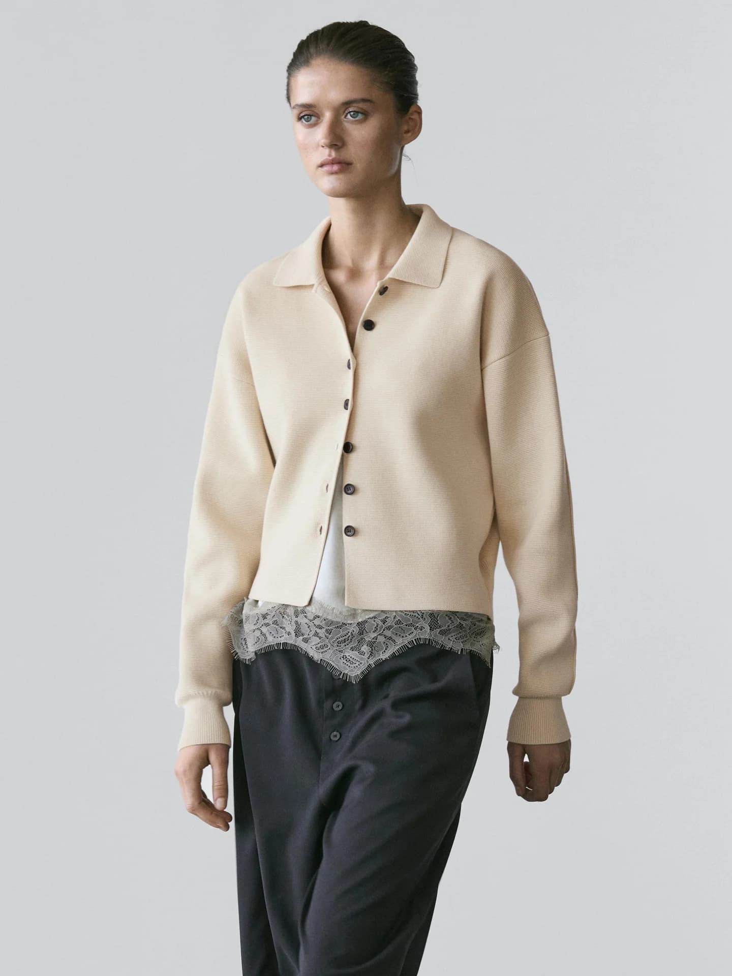 Вязаный хлопковый кардиган с воротником-поло. - фото 5