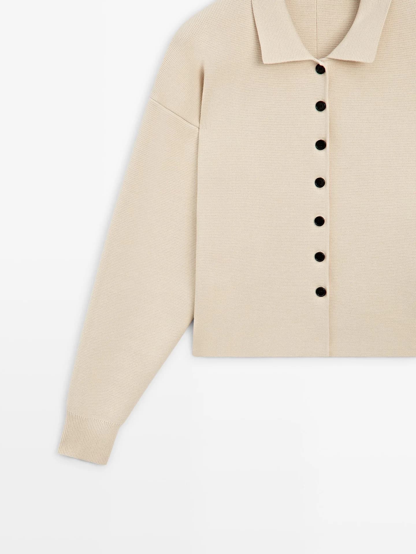 Вязаный хлопковый кардиган с воротником-поло. - фото 7