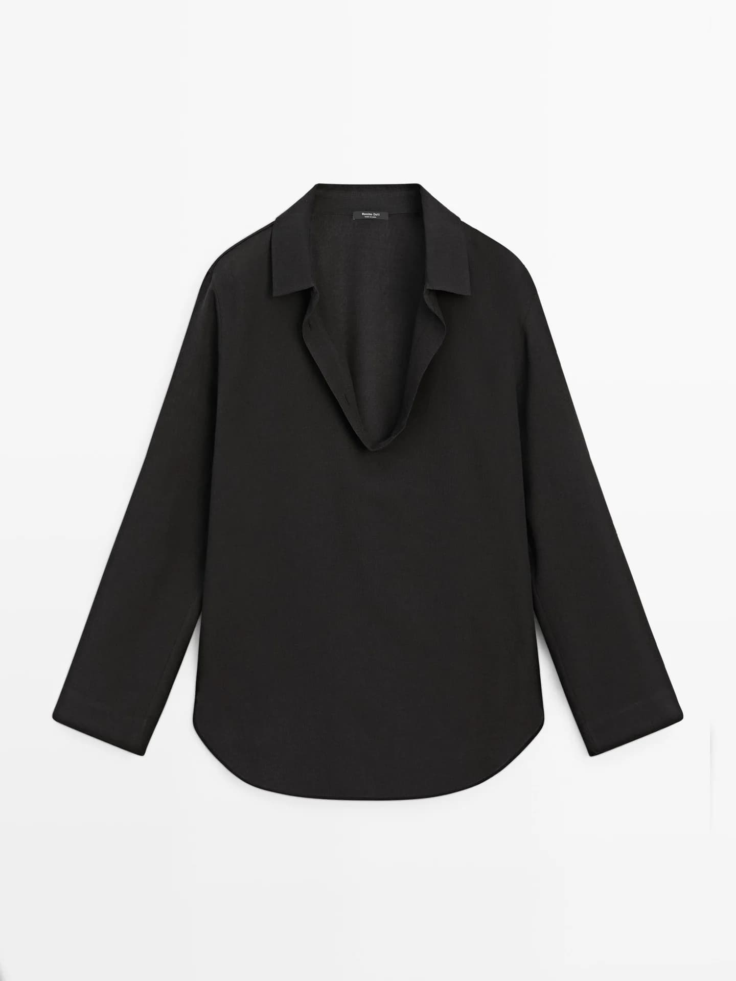 Рубашка свободного кроя с V-образным вырезом из смесового хлопка. - фото 8