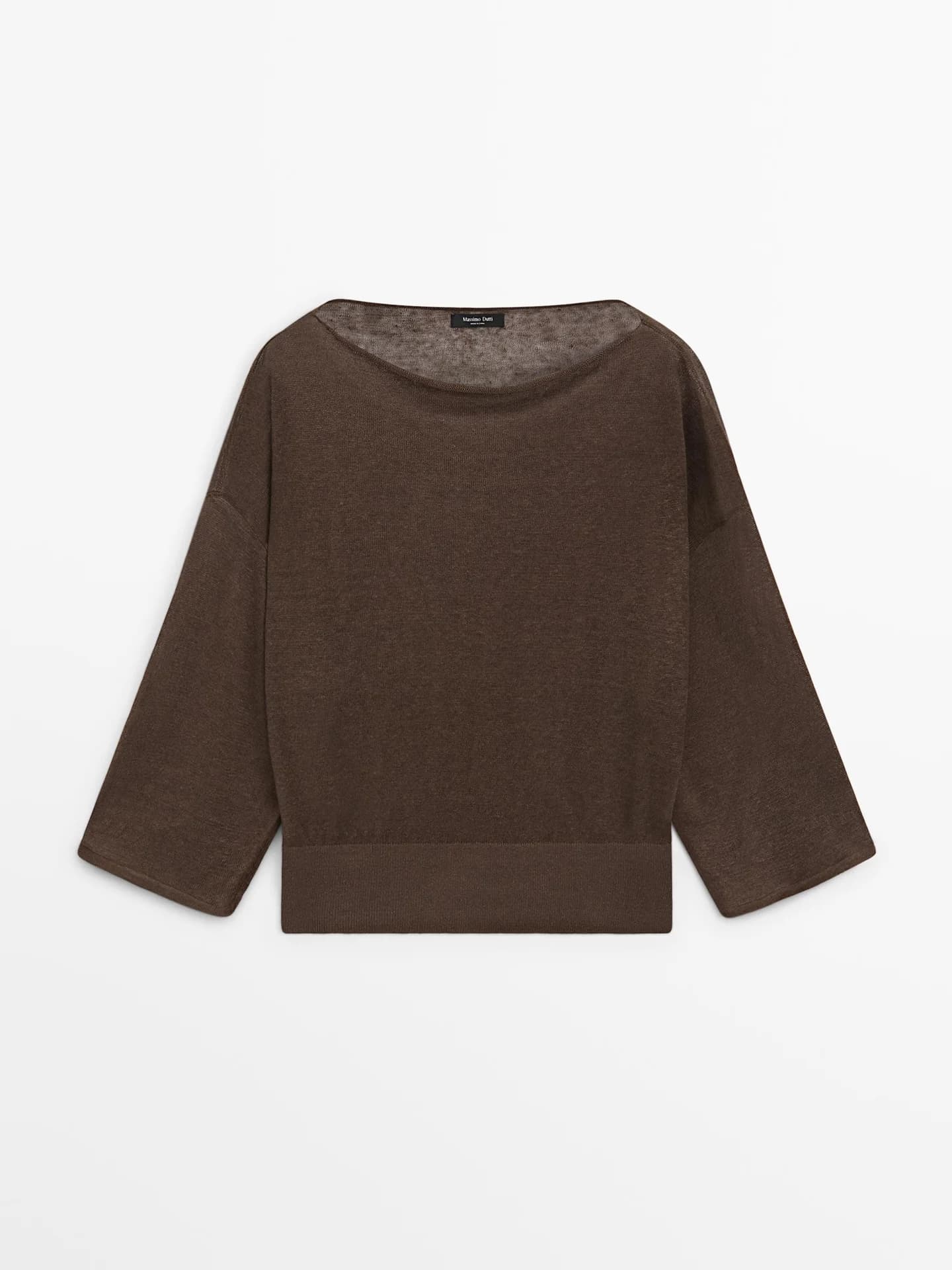 Вязаная льняная футболка с вырезом лодочкой - фото 3