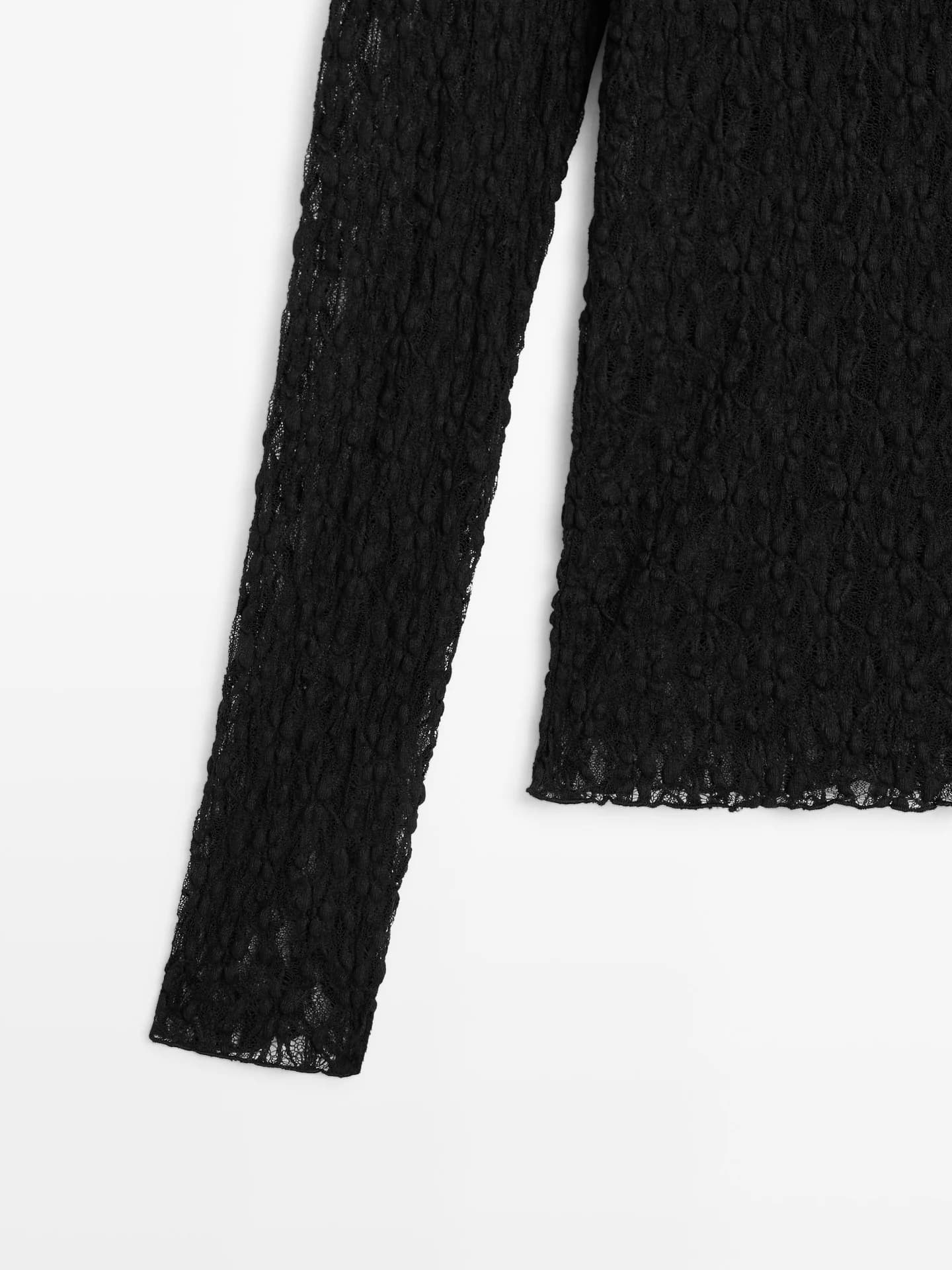 Ажурный вязаный топ с длинными рукавами и кружевом - фото 7