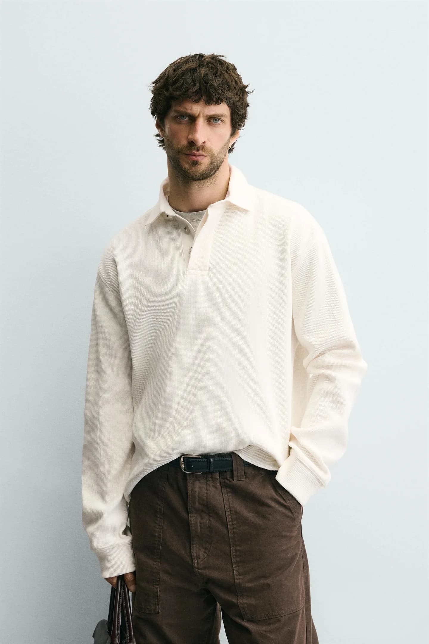 Вафельная рубашка-поло с контрастным воротником - фото 2