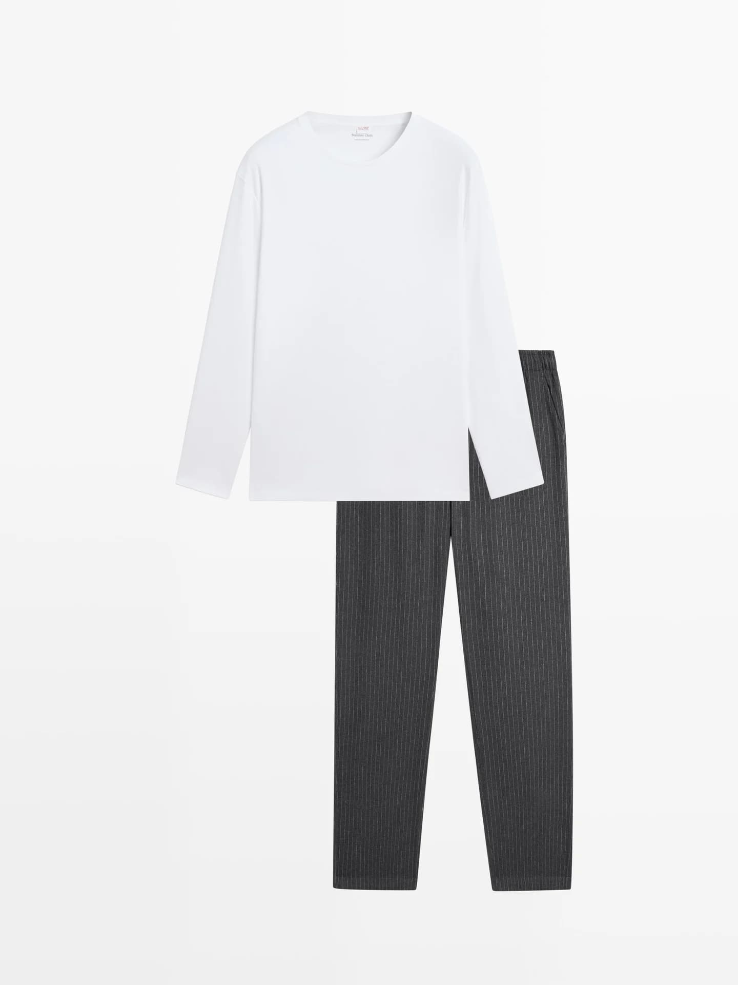 Пижама в полоску из 100% хлопка и футболка с длинными рукавами. - фото 3