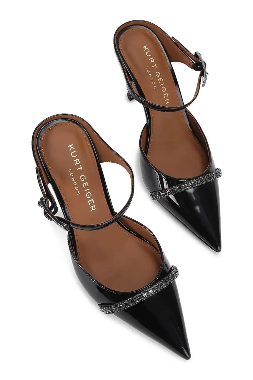 Кожаные туфли-мюли на высоком каблуке со стразами - фото 2