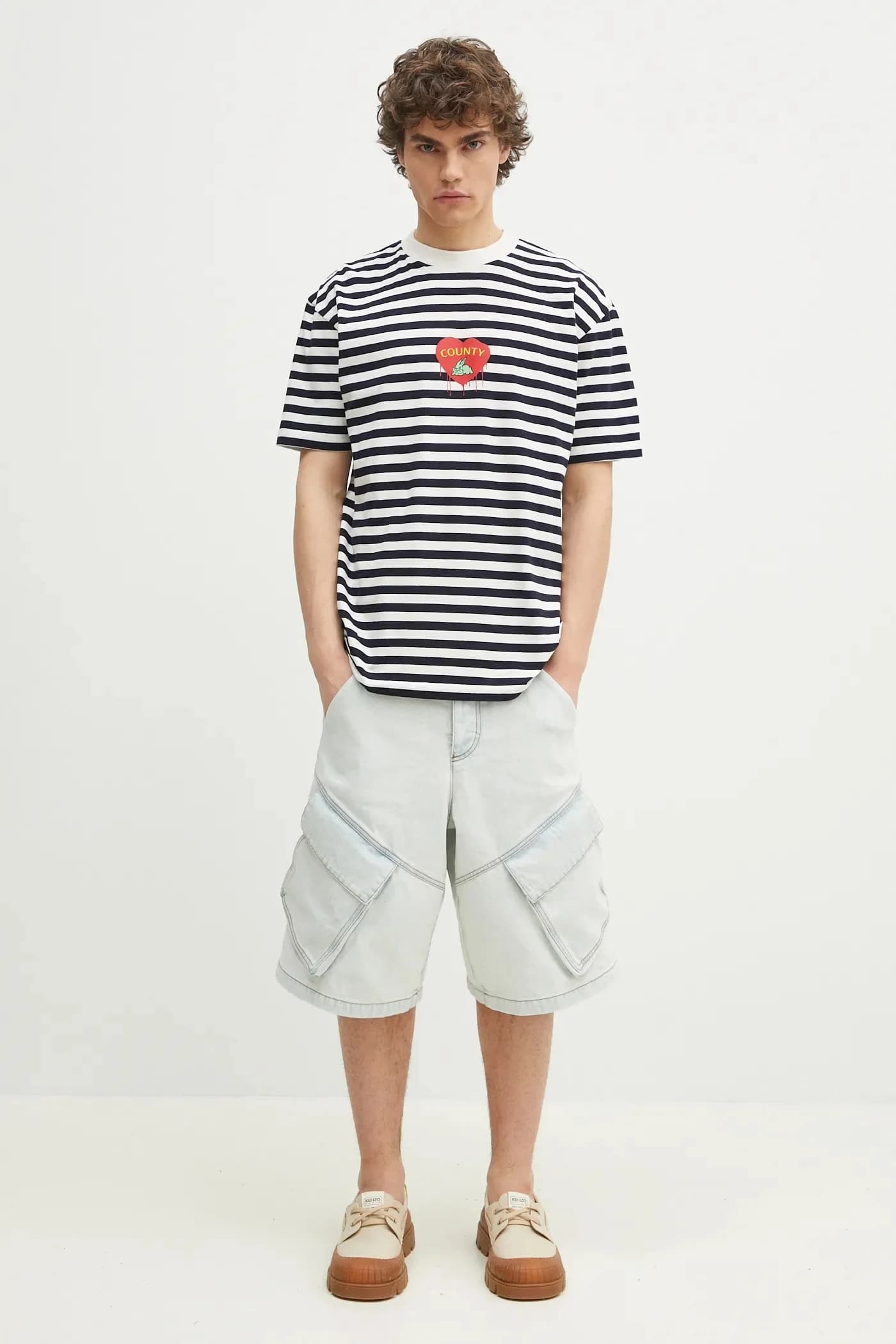 Хлопковая футболка в полоску с изображением кролика, базовая футболка, белый, темно-синий - фото 5