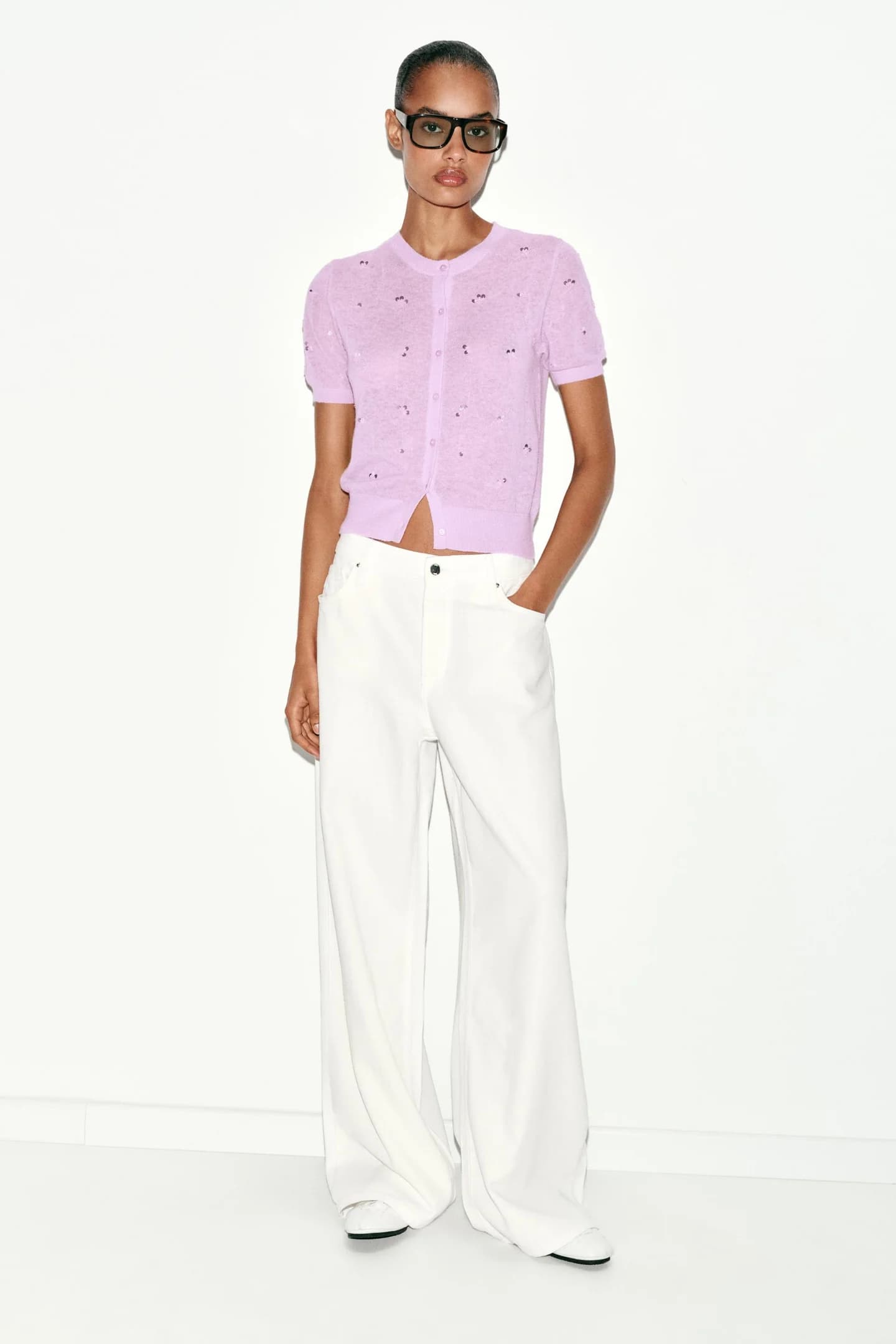 КАРДИГАН С КОРОТКИМИ РУКАВАМИ И ПАЙЕТКАМИ - фото 2