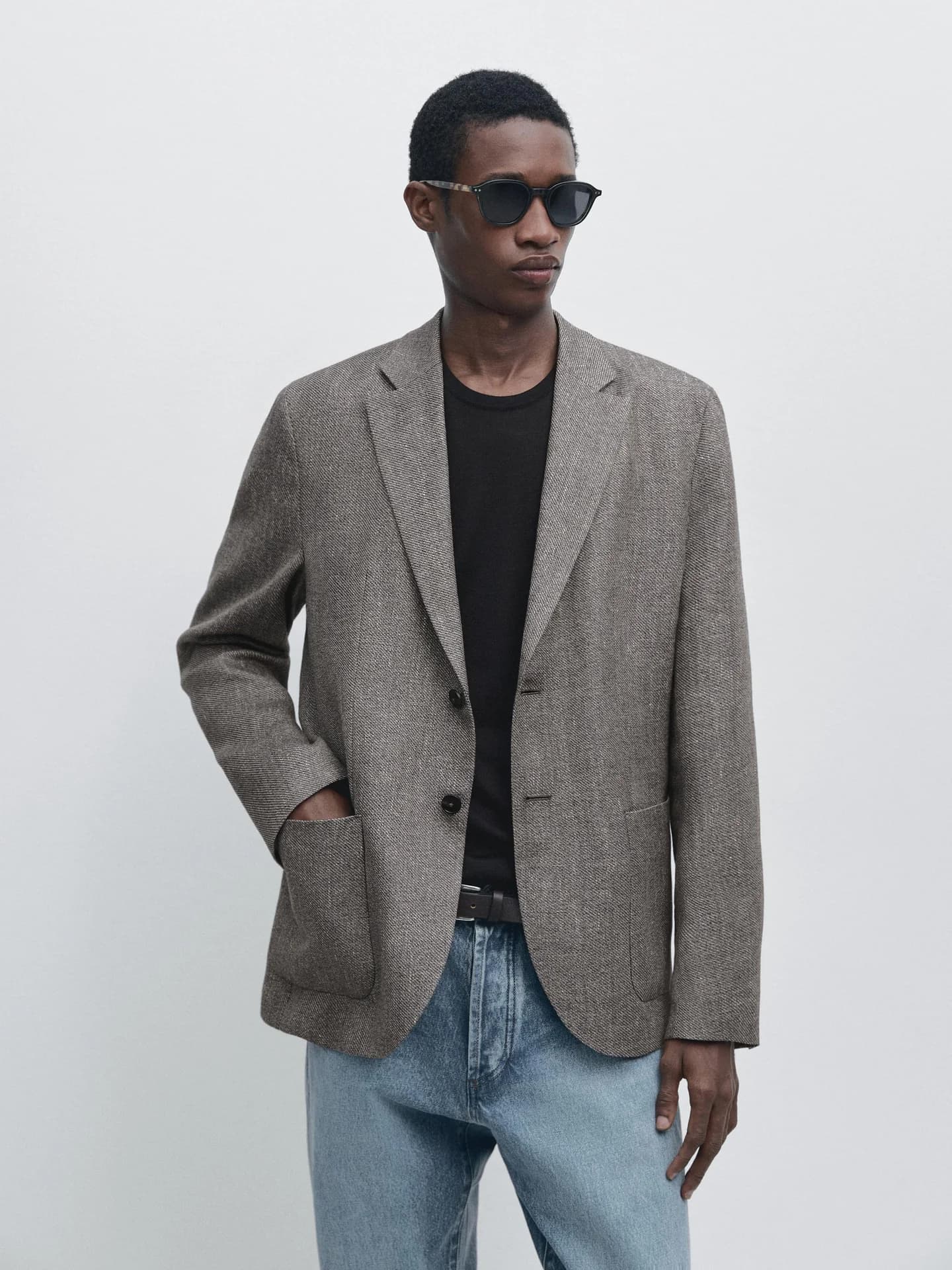 Жакет из смесового льна с узором «елочка», приталенный - фото 2