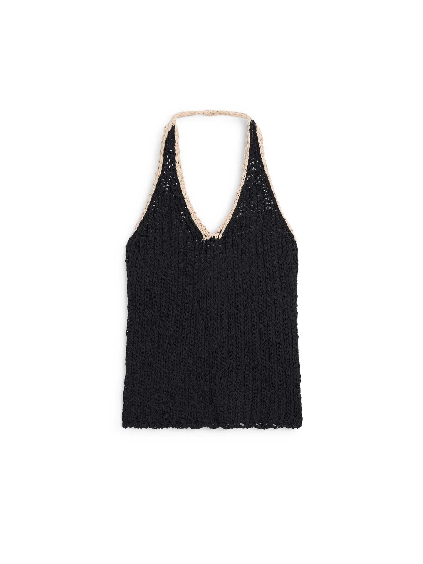 Топ объемной вязки с вырезом через шею и контрастными деталями. - фото 7