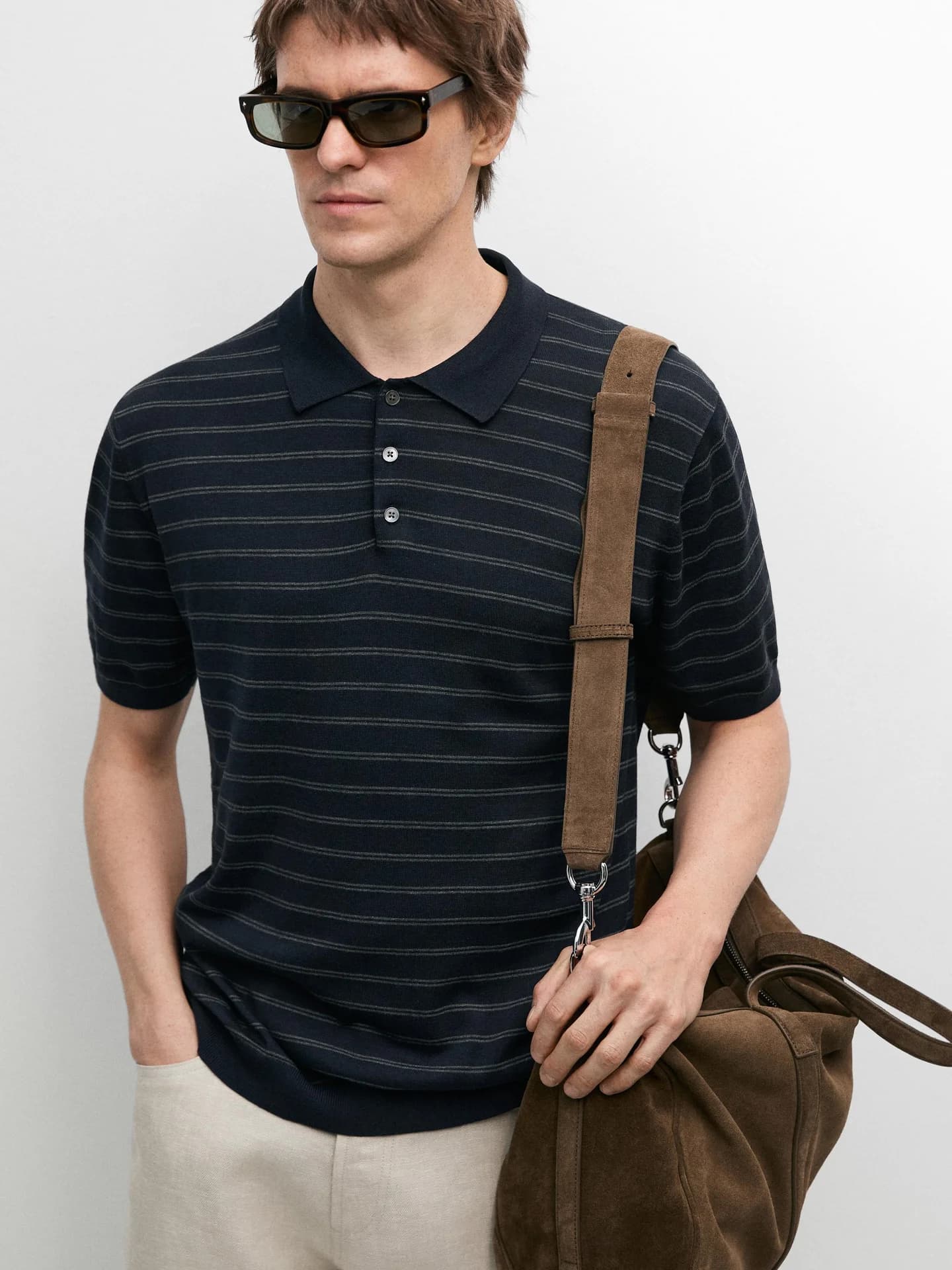 Рубашка-поло из хлопкового трикотажа с полосками - фото 7