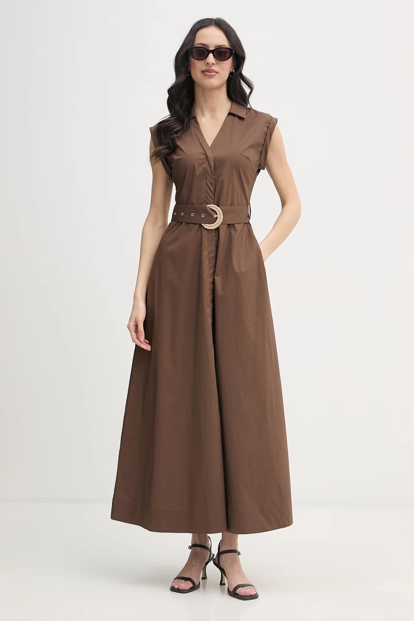 Хлопковое платье-рубашка коричневая для женщин - фото 2