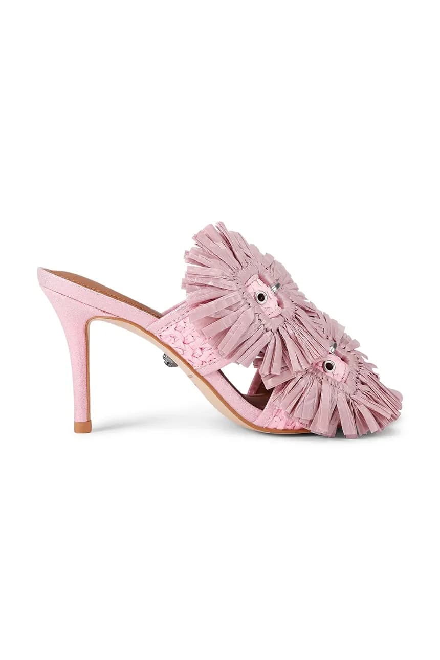 Женские шлепанцы на высоком каблуке с пряжкой из рафии