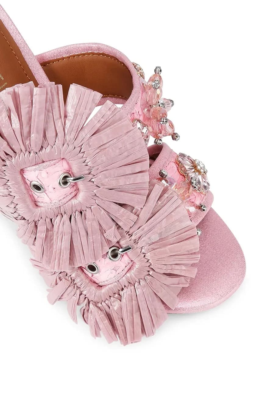 Женские шлепанцы на высоком каблуке с пряжкой из рафии - фото 4