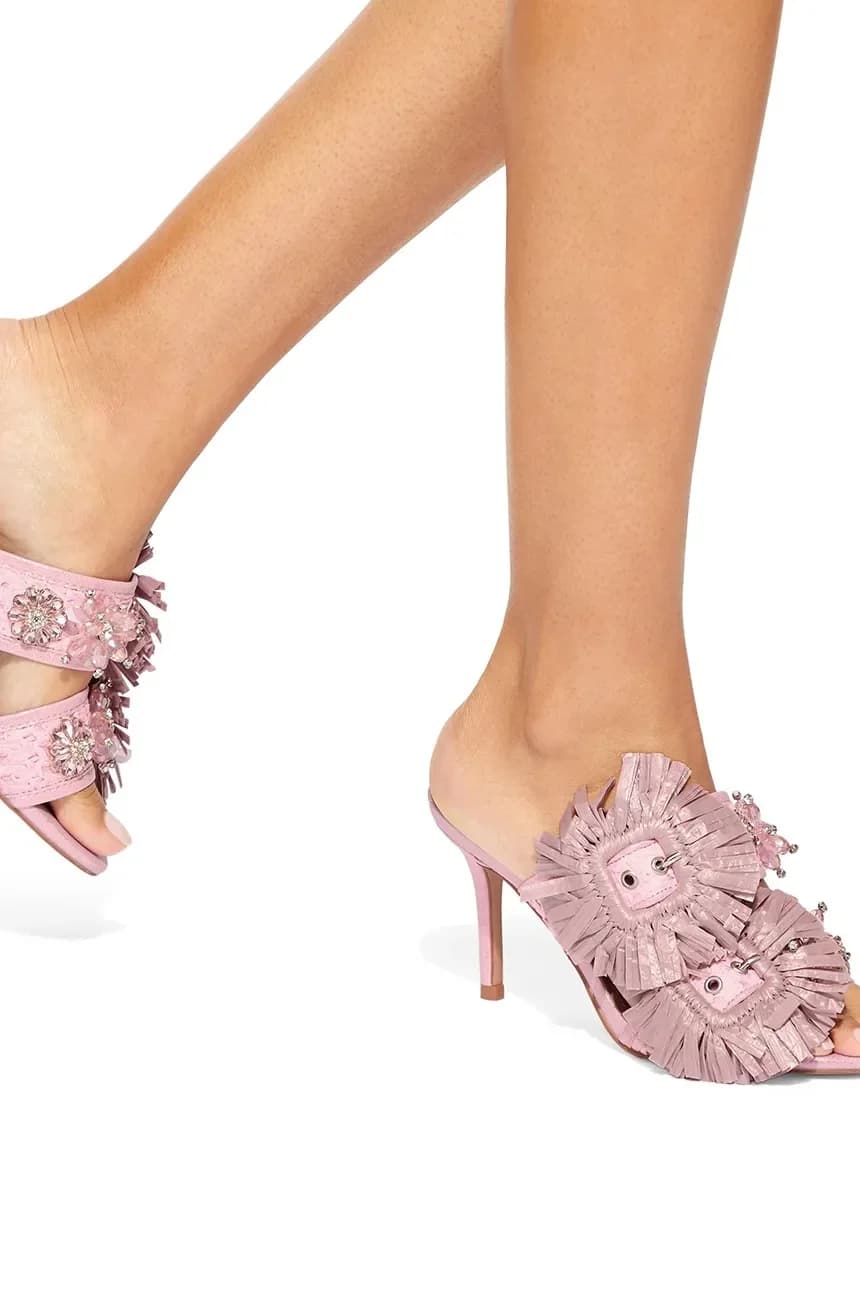 Женские шлепанцы на высоком каблуке с пряжкой из рафии - фото 5