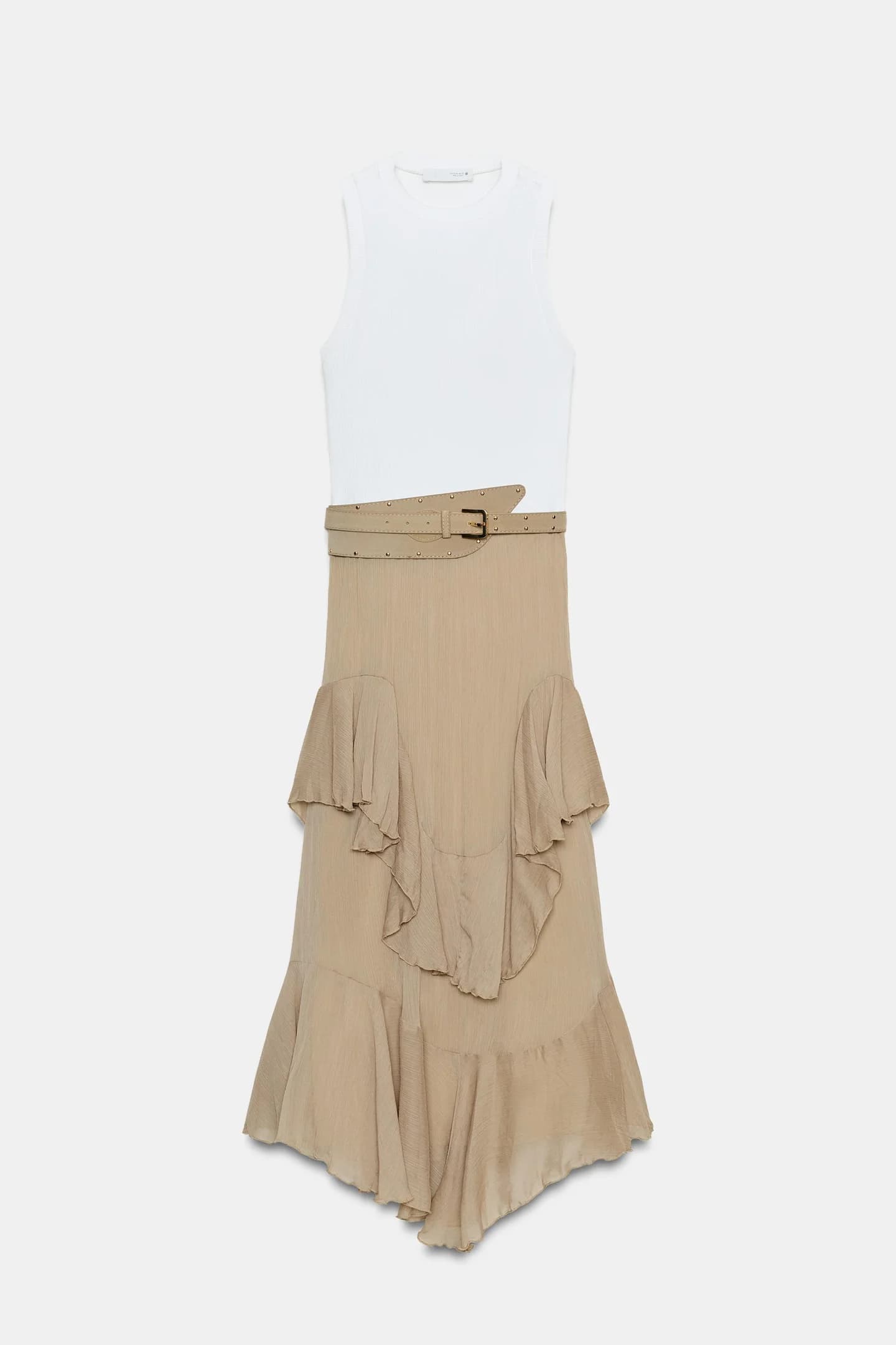 ПЛАТЬЕ С ПОЯСОМ И РЕБОЧКАМИ ИЗ СОЕДИНЕННОЙ ТКАНИ