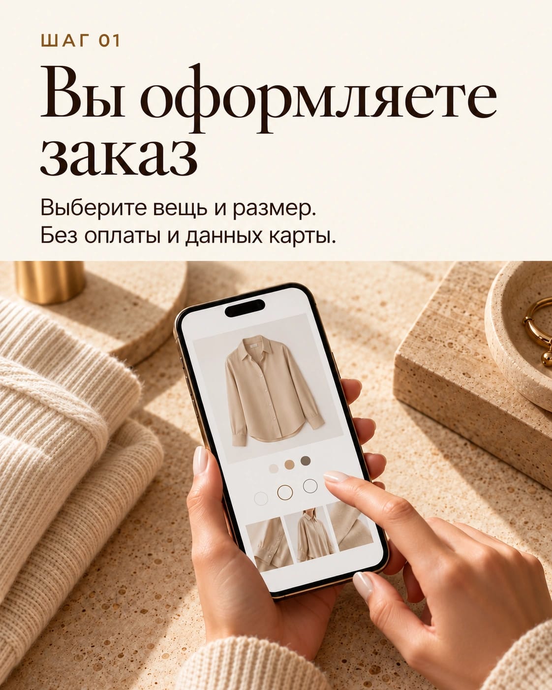 Шаг 1. Вы оформляете заказ. Выберите вещь и размер. Без оплаты и данных карты.
