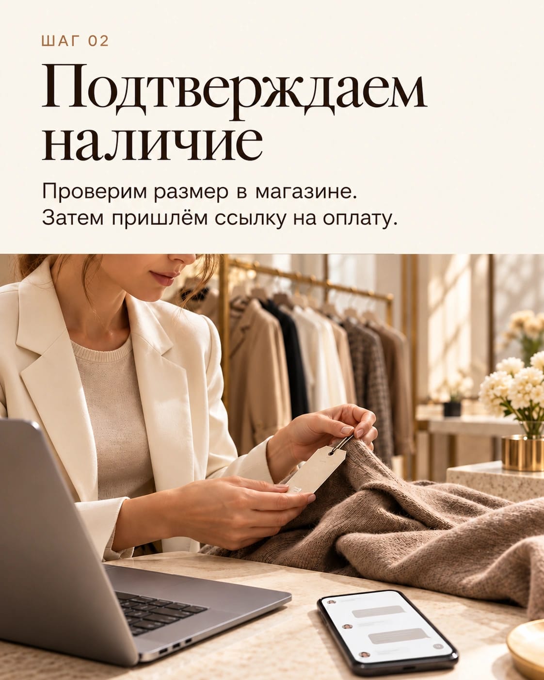 Шаг 2. Подтверждаем наличие. Проверим размер в магазине. Затем пришлём ссылку на оплату.