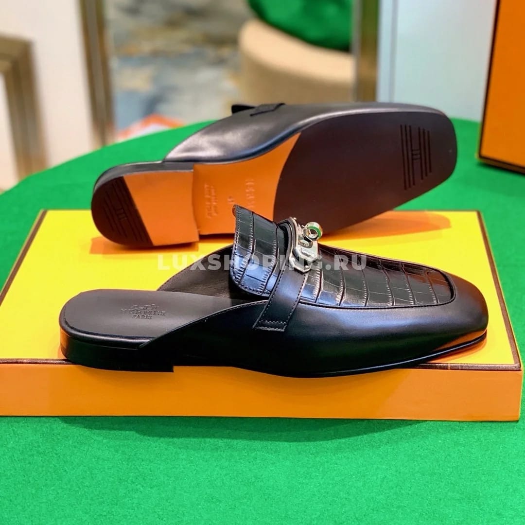 Сабо Hermes крокодиловые черные - фото 4