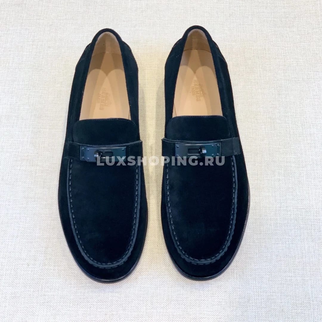 Мокасины Hermes замшевые с классической пряжкой синие - фото 3
