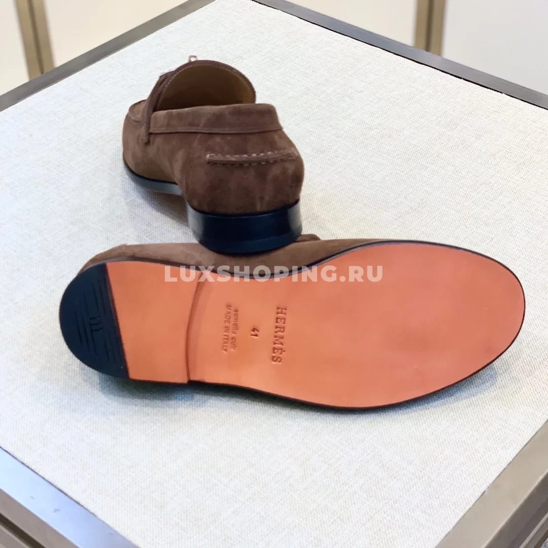 Мокасины Hermes замшевые с классической пряжкой коричневые - фото 3