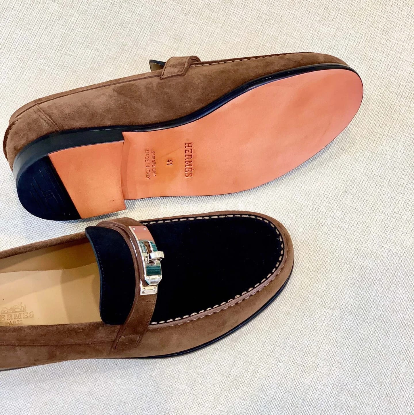 Мокасины Hermes замшевые с классической пряжкой комбинированные - фото 5