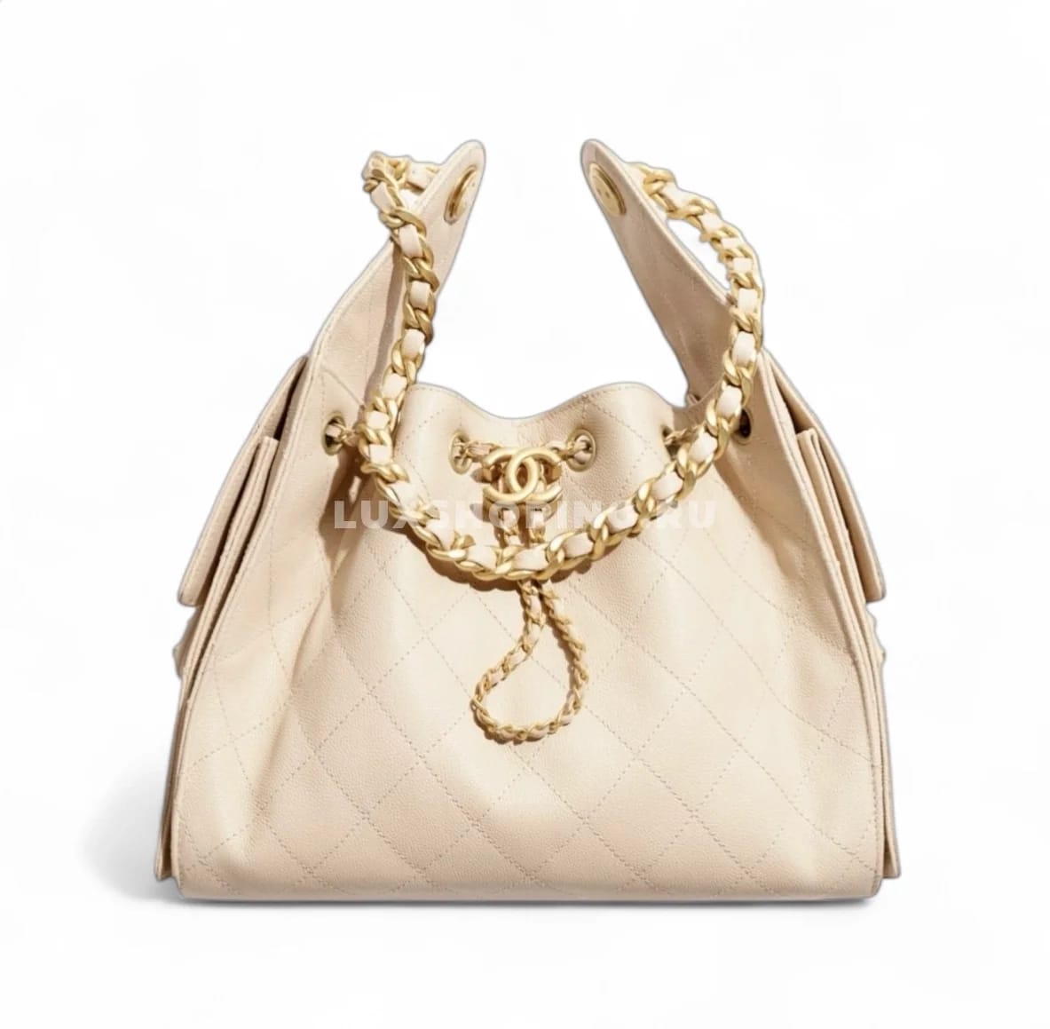 CHANEL сумка хобо из фактурной кожи бежевый 30×26×14 см 