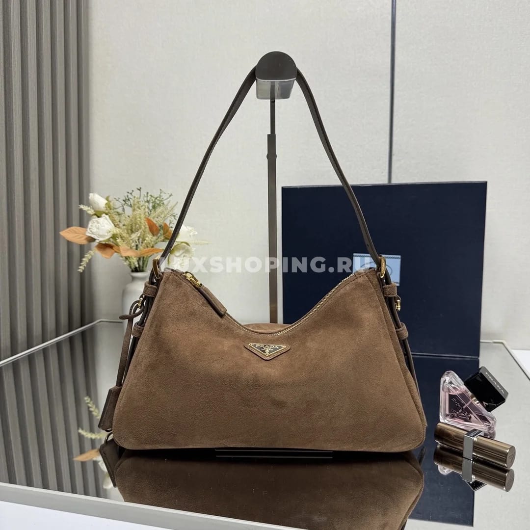 Сумка Prada Aimee Hobo из замши коричневая 31×18×10 см - фото 4