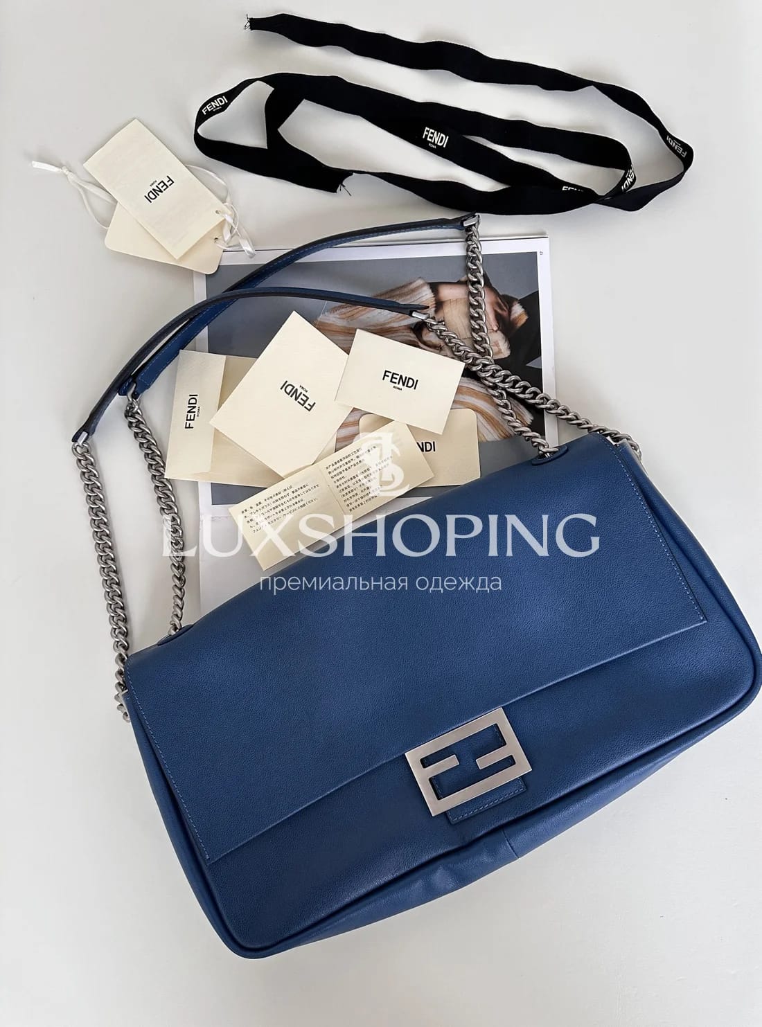Сумка Fendi Baguette большая синяя 40×7×18.5 см - фото 4