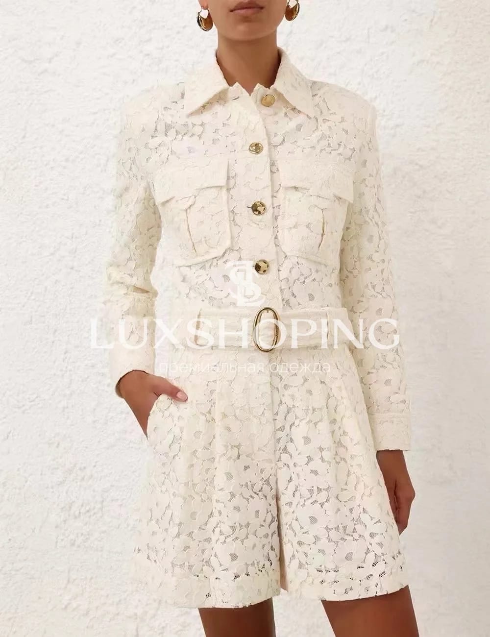 Комплект Zimmermann "Illuminate" из кружева: укороченный жакет и шорты - фото 3