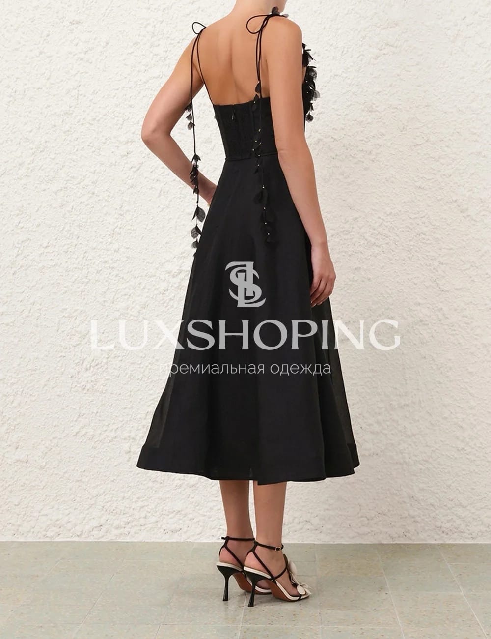 Платье Zimmermann "Natura Corset Dress" — черное миди из льна и шелка с корсетным лифом - фото 7
