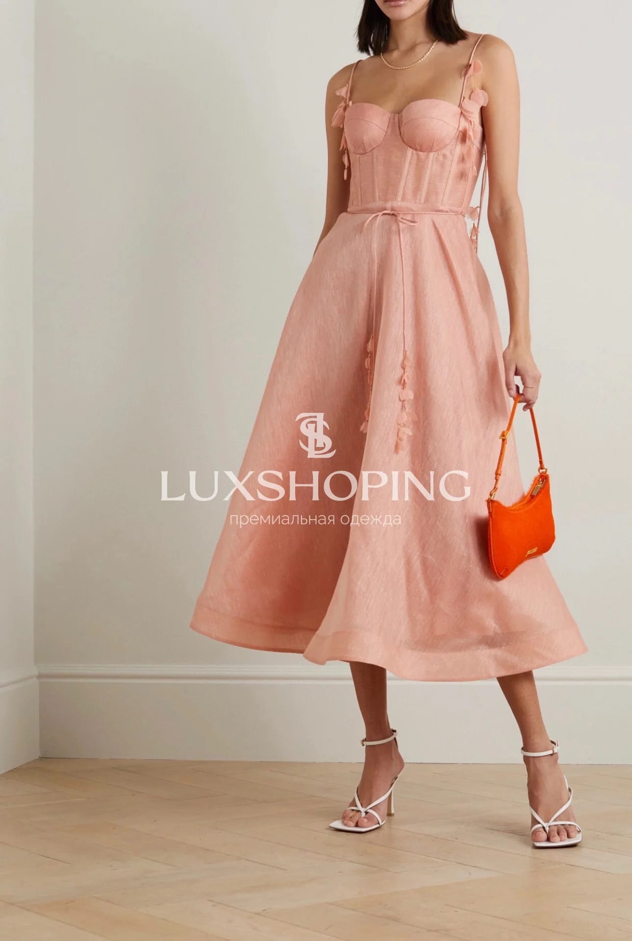 Платье Zimmermann "Natura Corset Dress" — персиковое миди из льна и шелка с корсетным лифом - фото 2