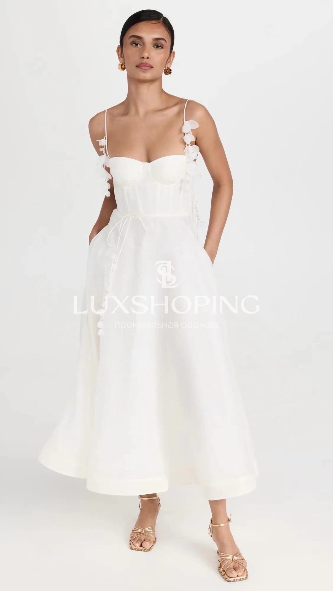 Платье Zimmermann "Natura Corset Dress" — белоснежное миди из льна и шелка с корсетным лифом - фото 6
