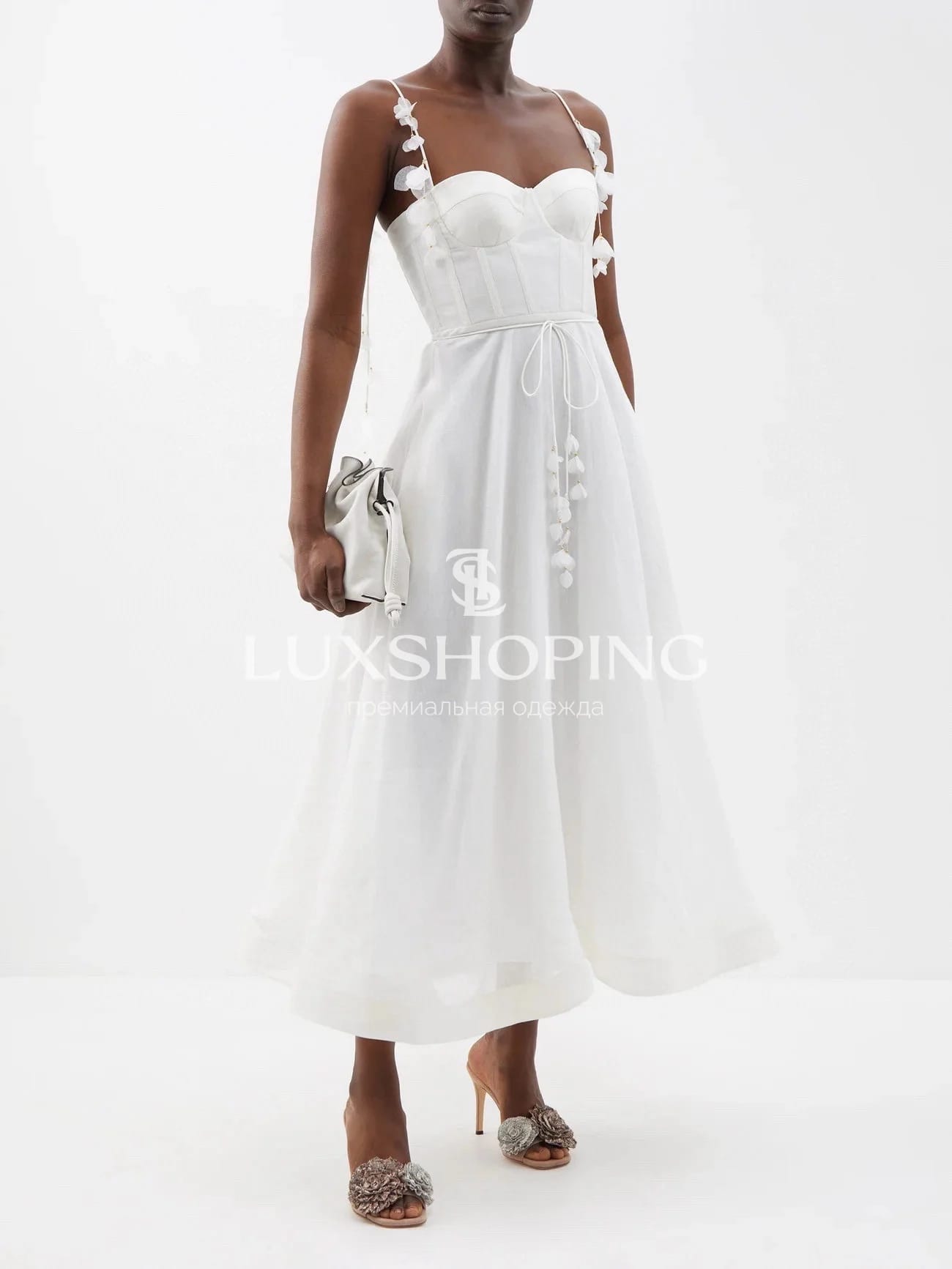 Платье Zimmermann "Natura Corset Dress" — белоснежное миди из льна и шелка с корсетным лифом - фото 8